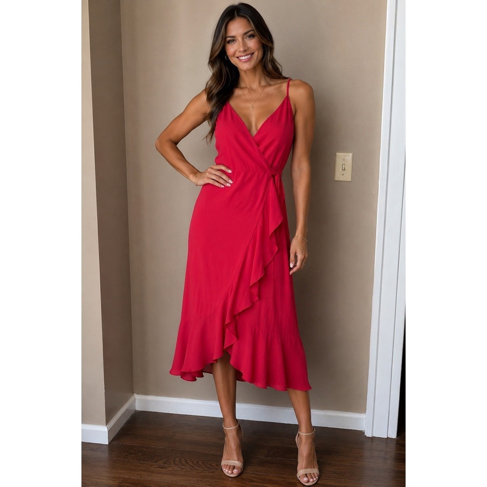 Lulus Wrap Dress XL Pink Sleeveless Ruffle Hem Midi Cocktail Party Wedding Guest